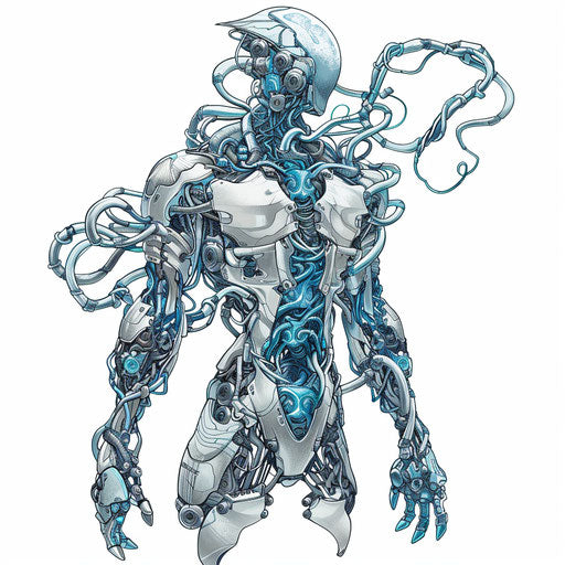 Surreal tattoo sketch of a humanoid figure in fitness gear, silver and blue, clipart style