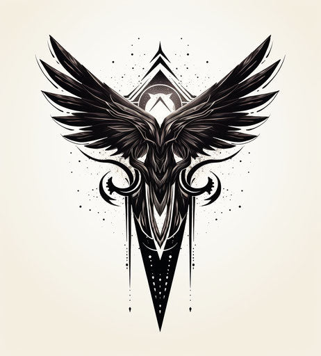 Wings and ink pentagon on white background, Midwest gothic style