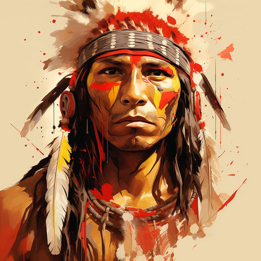 Native American tattoo design with twig eyeline, yellow red