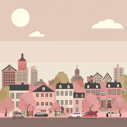 Realistic town clipart on flat dusky rose background
