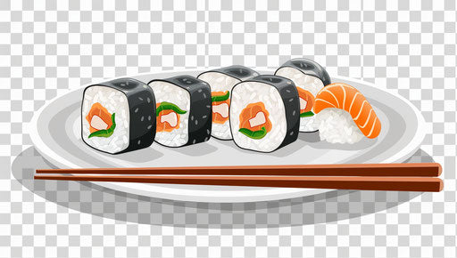 Plate of sushi and rolls with chopsticks, flat illustration style