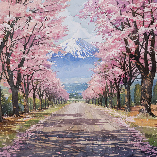 Mt. Fuji. Cherry blossom-lined avenue, rural landscape, walking