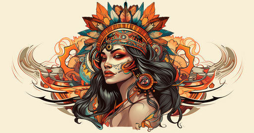 Lady in headdress, classic tattoo style, yaka art, aztec art