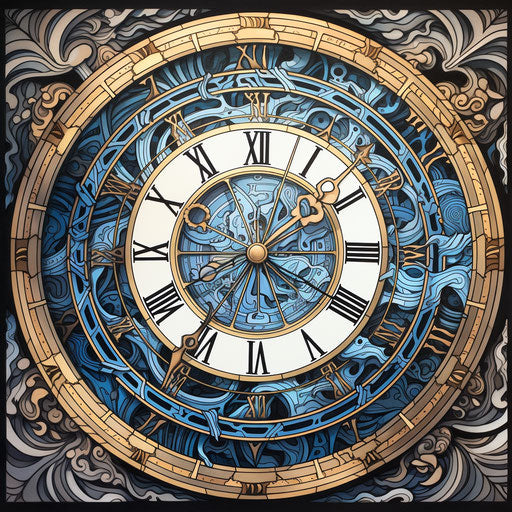 Time clock drawing by Tim McKim, in fanciful, dreamlike imagery style