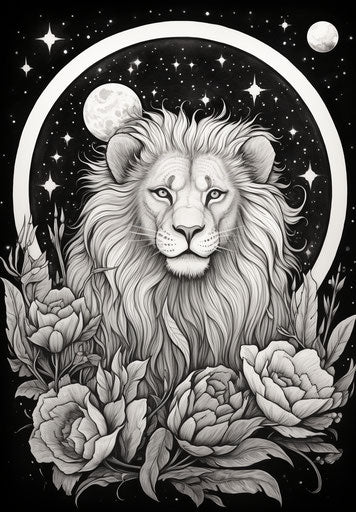 A tattoo of a lion in the night sky with a lotus flower