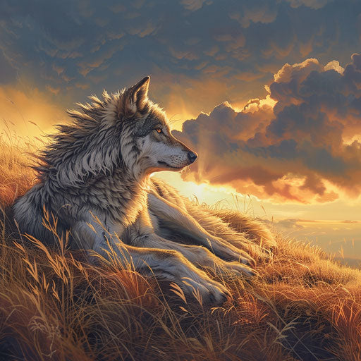 Wolf in the sunset on a golden grassy hill