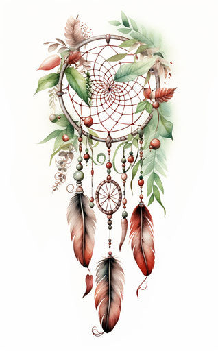 Dream catcher with feathers, wings and acorns, soft watercolor