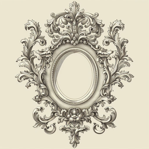 Elegant sketch of a baroque mirror frame with ornate gold and silver