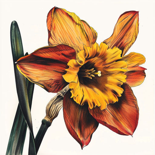 Realistic and detailed drawing of a Narcissus flower tattoo, lifelike colors and textures on a white background