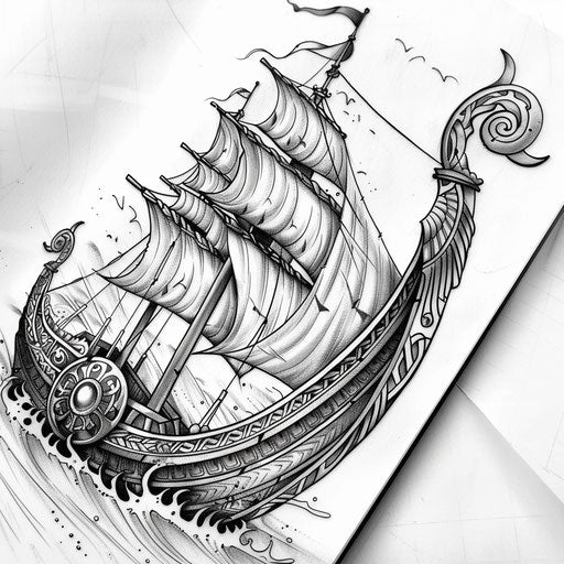 Artistic linework tattoo sketch of a Viking ship