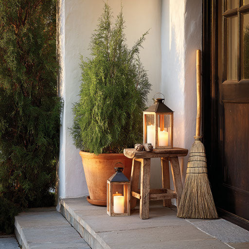 Greenery on the porch with lanterns and a broom