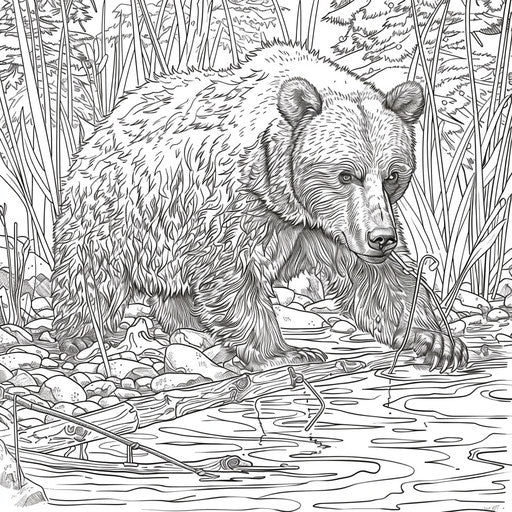 Brown bear fishing with a stick in a tranquil pond