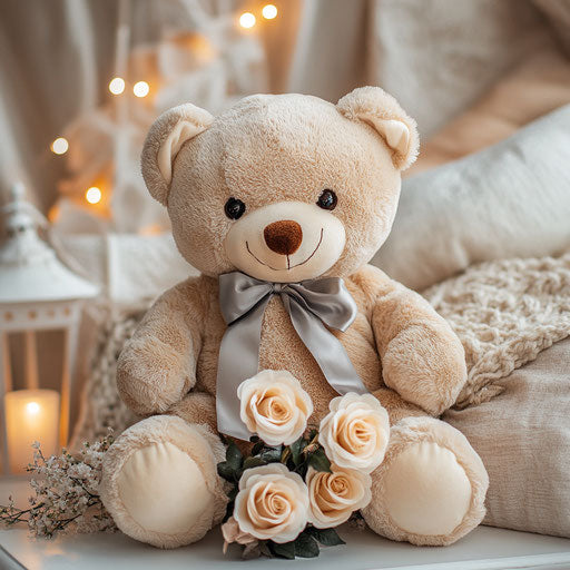Teddy bear holding roses on the table