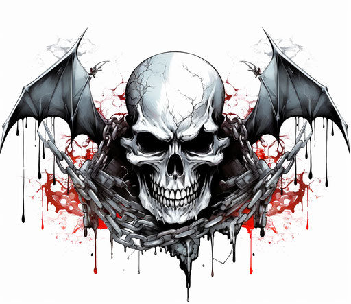 Skull and bat with chain tattoo, graphic graffiti style