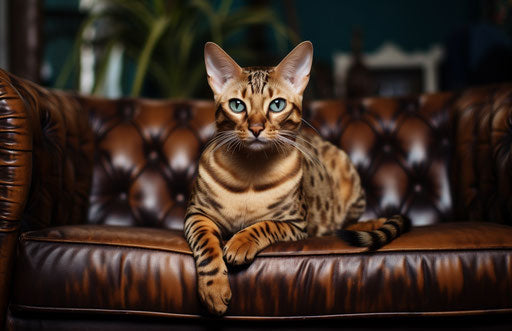 Bengal cat lying on large leather couch, primitivist style