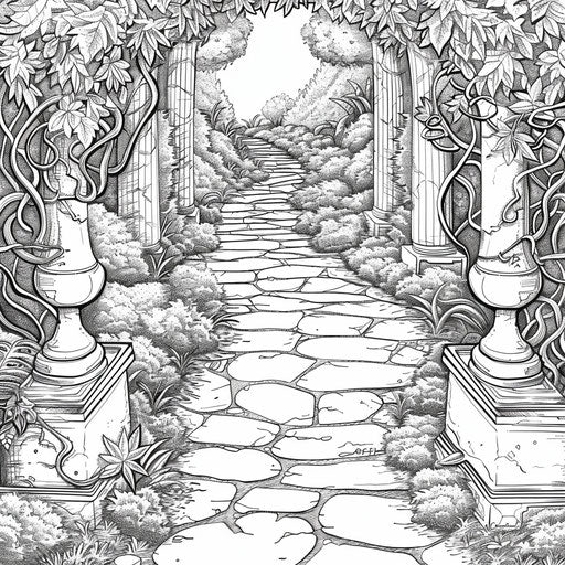 Labyrinthine garden path leading to a hidden alcove