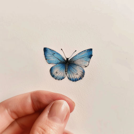 Elegant flat tattoo sketch of a small blue butterfly with fine line details and subtle shading