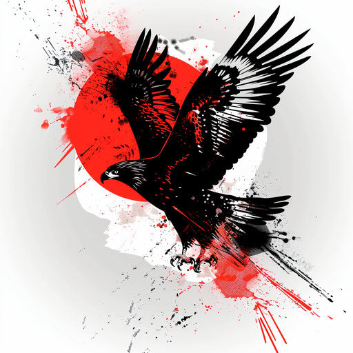 Silhouette of soaring eagle, bold black lines with a splash of red