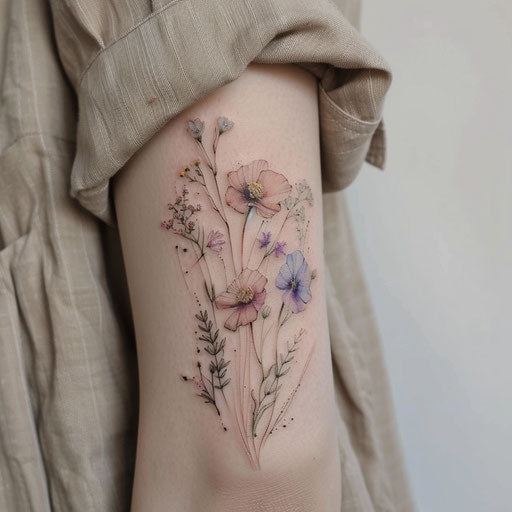 Gentle wildflower tattoo, pastel palette, delicate lines, feminine and gentle