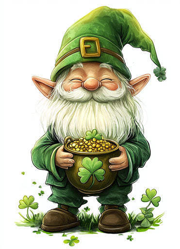 St. Patrick's Day gnome with pot of gold and shamrocks