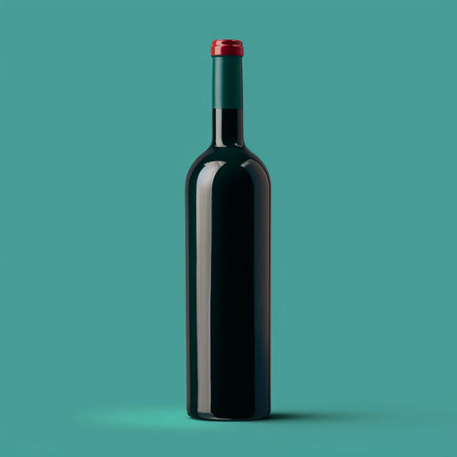 Realistic wine bottle illustration on flat background, vibrant contrasts and detailed textures