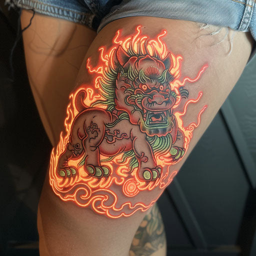 Luminous foo dog tattoo on pure white background