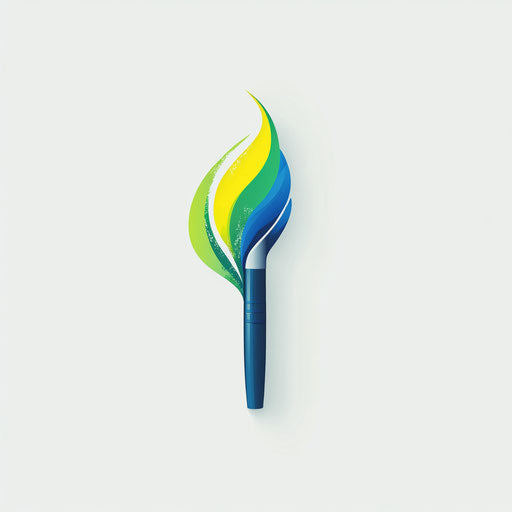 Minimalist illustrator logo design with an abstract paint tube and brush symbol, with sleek, contemporary typography, in a cool blue and green color scheme, isolated on a flat light gray background.