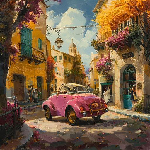 Skyway classic microcar in a vibrant color, navigating through a bustling Mediterranean village, locals waving.