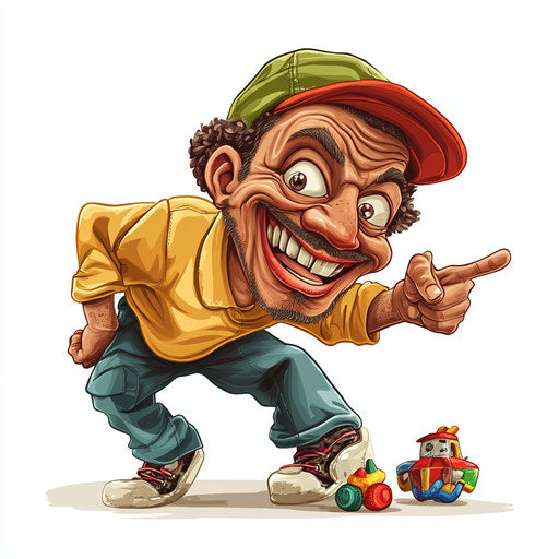 Humorous caricature of an attention caricature clipart with human characteristics, exaggerated prominent chin, small feet, playing with a toy, vibrant colors, cartoon style, pointing, high-resolution, no background, isolated -c 40