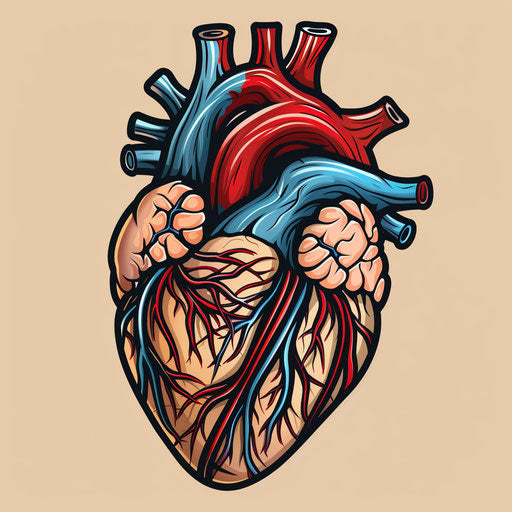 Flat tattoo sketch of a human heart with vibrant red and blue arteries