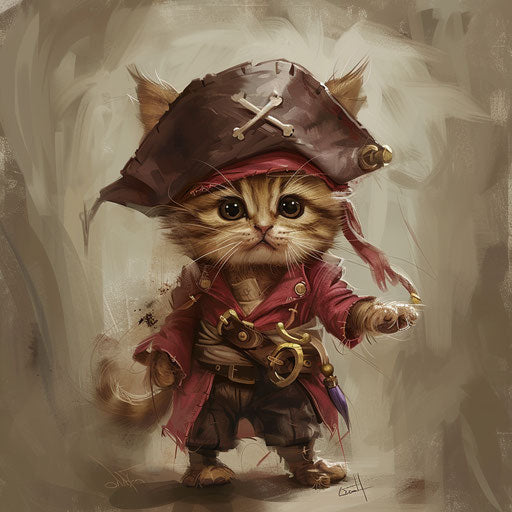 Kitten in pirate costume standing, brown & maroon style