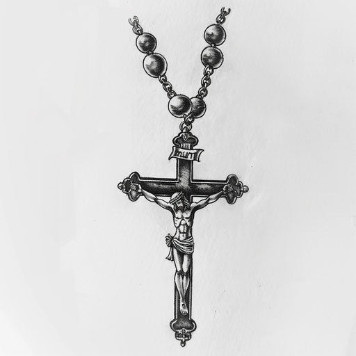 Intricately shaded black and grey ink rosary tattoo design on white background