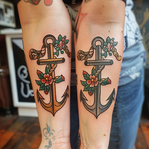 Matching sister tattoos of traditional anchors on forearms
