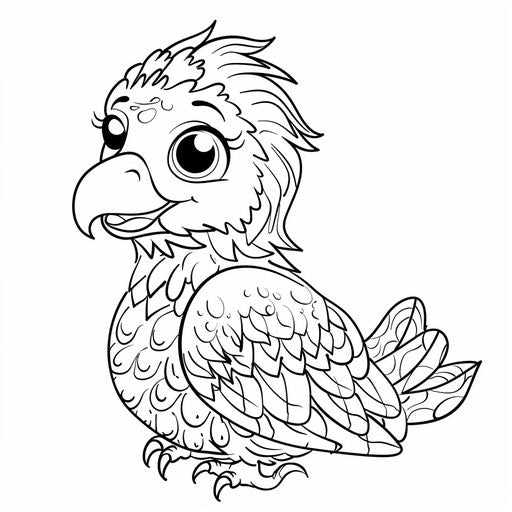 A cute cartoon eagle with a smiling face and simple details. Coloring book page