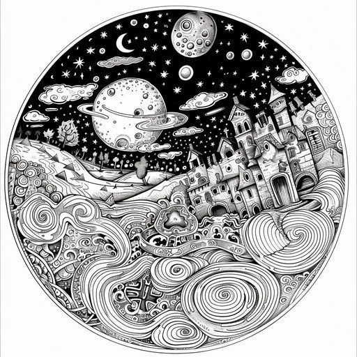 Whimsical circular design with playful doodles and symbols. Coloring book page