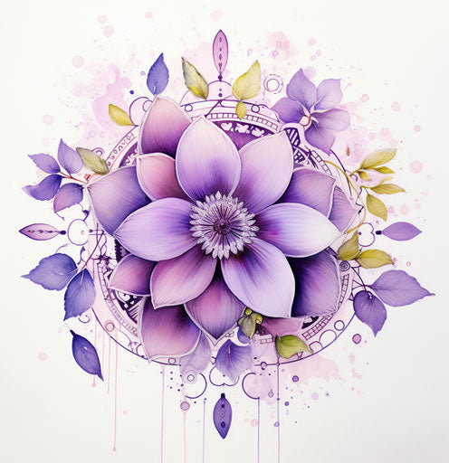 Elegant and detailed violet mandala with flowers and leaves