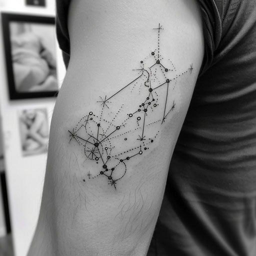 Bold flat tattoo sketch of the Aquarius constellation with dramatic, high contrast star points