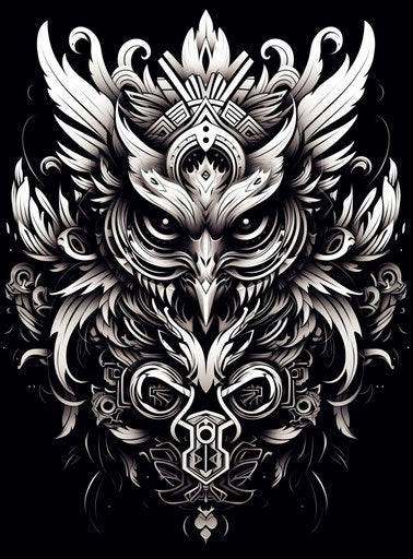 Black and white design with tribal elements, biomorphic style