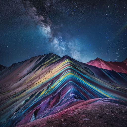 Rainbow Mountain, Peru under clear starry night sky, Max Rive style
