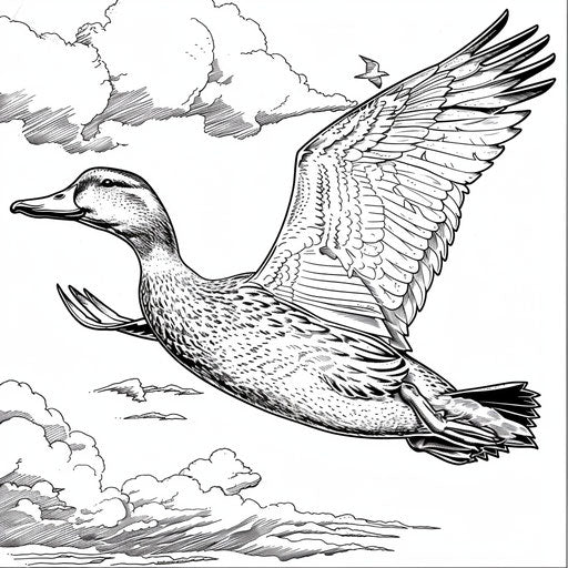 Majestic duck in flight under a cloudy sky