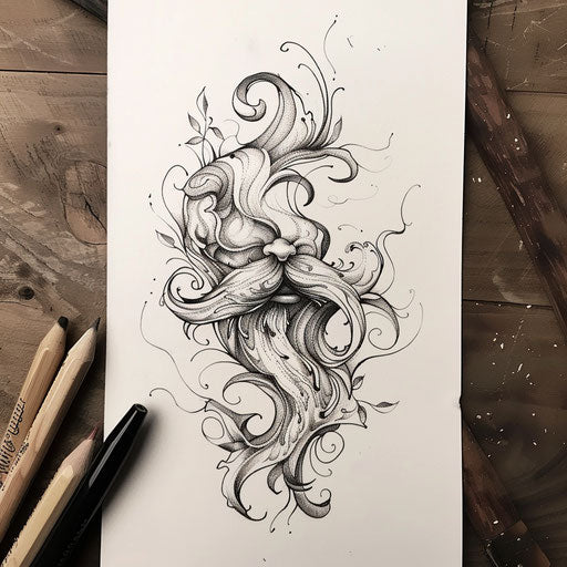 Hand-drawn tattoo sketch of a curled mustache with organic lines and a rustic feel