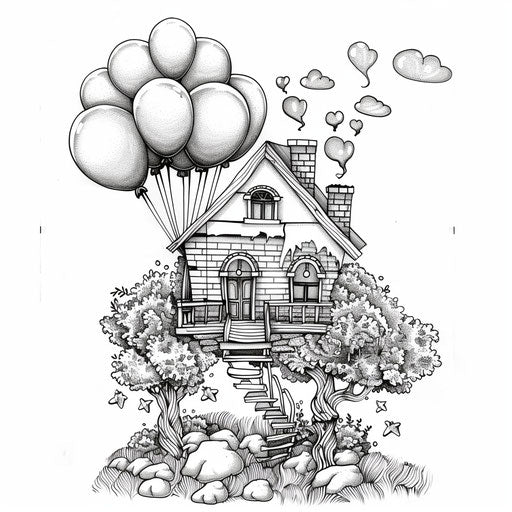 House floating with balloons