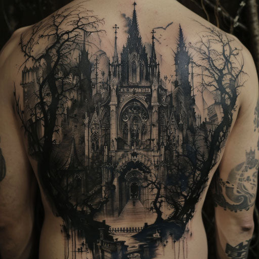 Realism tattoos of a gothic cathedral on the back