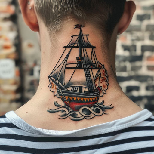 Traditional ship tattoo in Sailor Jerry style