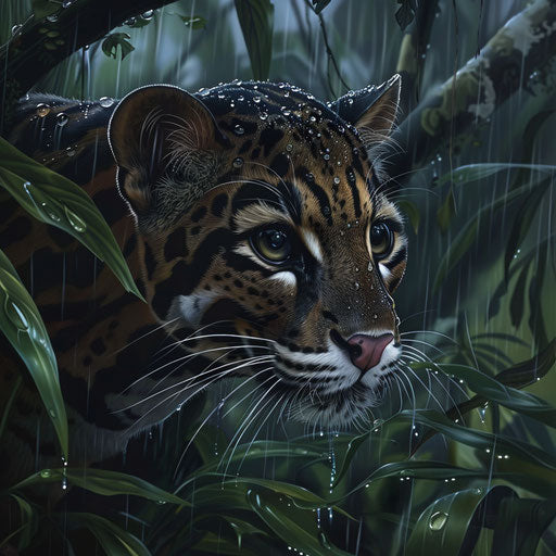 Bornean clouded leopard in gentle rain among lush jungle