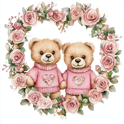 Cute couple of bears in pink sweaters among the roses