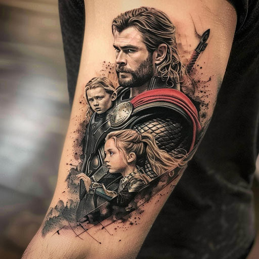 Father daughter tattoos with heroic elements, Glenn Fabry style