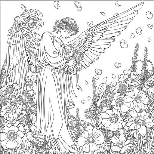 A majestic angel in a garden of blooming flowers