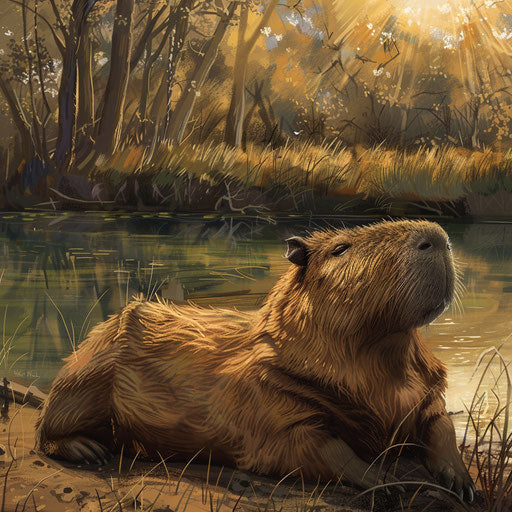 A capybara lounging by a serene riverbank