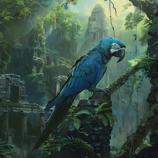 Adventurous macaw in ruins of ancient civilization covered by forest